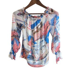 WHBM NWOT XXS Postcard Off Shoulder Long Sleeve Blouse Ruffled Cuffs Pink Blue